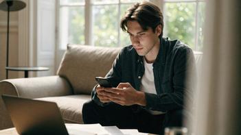 Jeune homme assis sur un canapé qui lit attentivement sur son smartphone, ordinateur portable et documents devant lui, en se demandant si WIZBII est un organisme officiel ou une entreprise privée