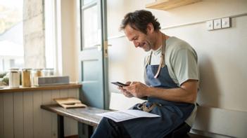 Un homme en tablier de travail, assis sur un banc dans une petite salle de pause, consulte sur son smartphone sa demande pour cumuler prime d'activité et RSA en une seule démarche, une fiche de paie posée à côté de lui.