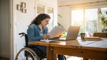 Une jeune femme en fauteuil roulant consulte des documents sur une table avec son ordinateur portable, pour illustrer les conditions de l'AAH.