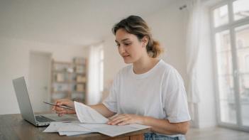 Una giovane donna seduta alla scrivania consulta documenti finanziari e utilizza un computer portatile per richiedere l'ISEE online.